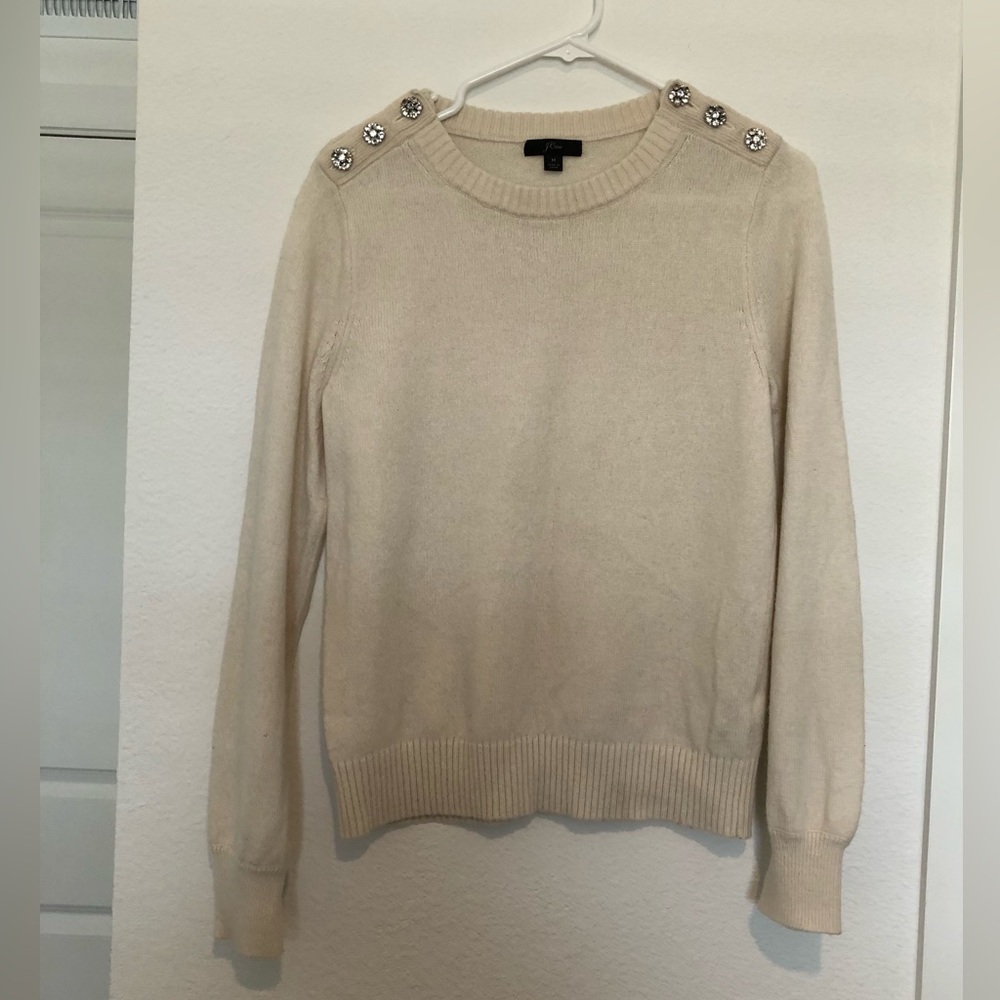 J. Crew Cream Lambs Wool Crewneck Sweater with Jeweled Shoulders Medium